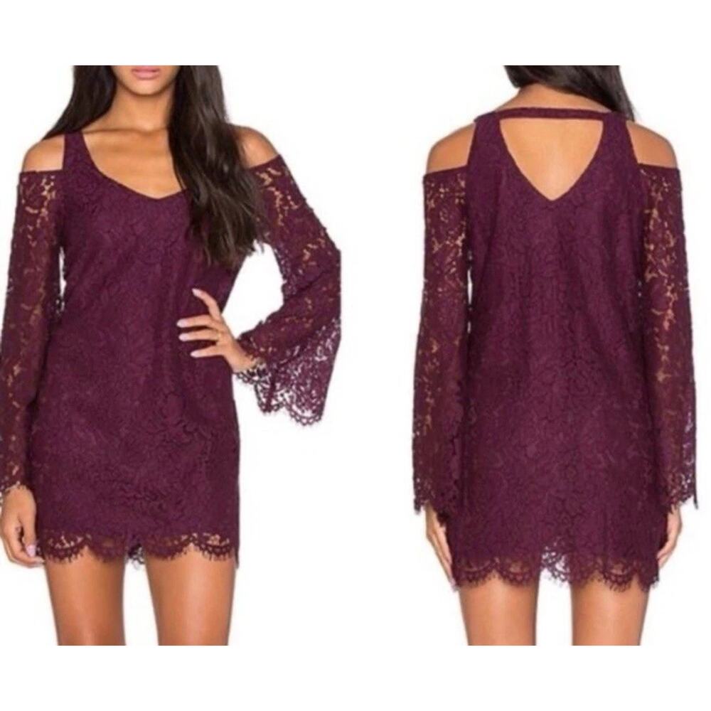 Chaser NWT Purple Lace Open Back Cold Shoulder Bell Sleeve Mini Dress Small